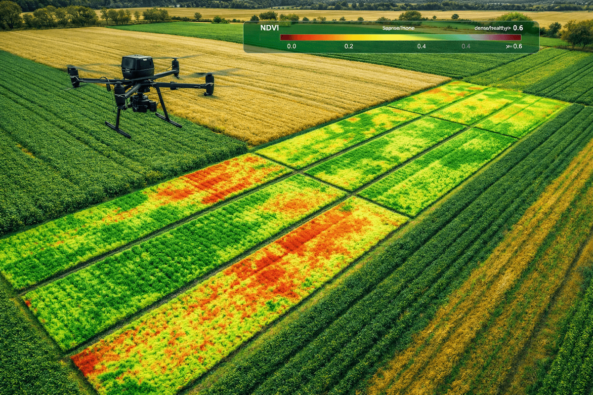 Drohnen-Luftaufnahme in der Landwirtschaft: Eine professionelle Drohne erstellt eine multispektrale NDVI-Karte zur teilflächenspezifischen Düngung und Ertragsoptimierung.